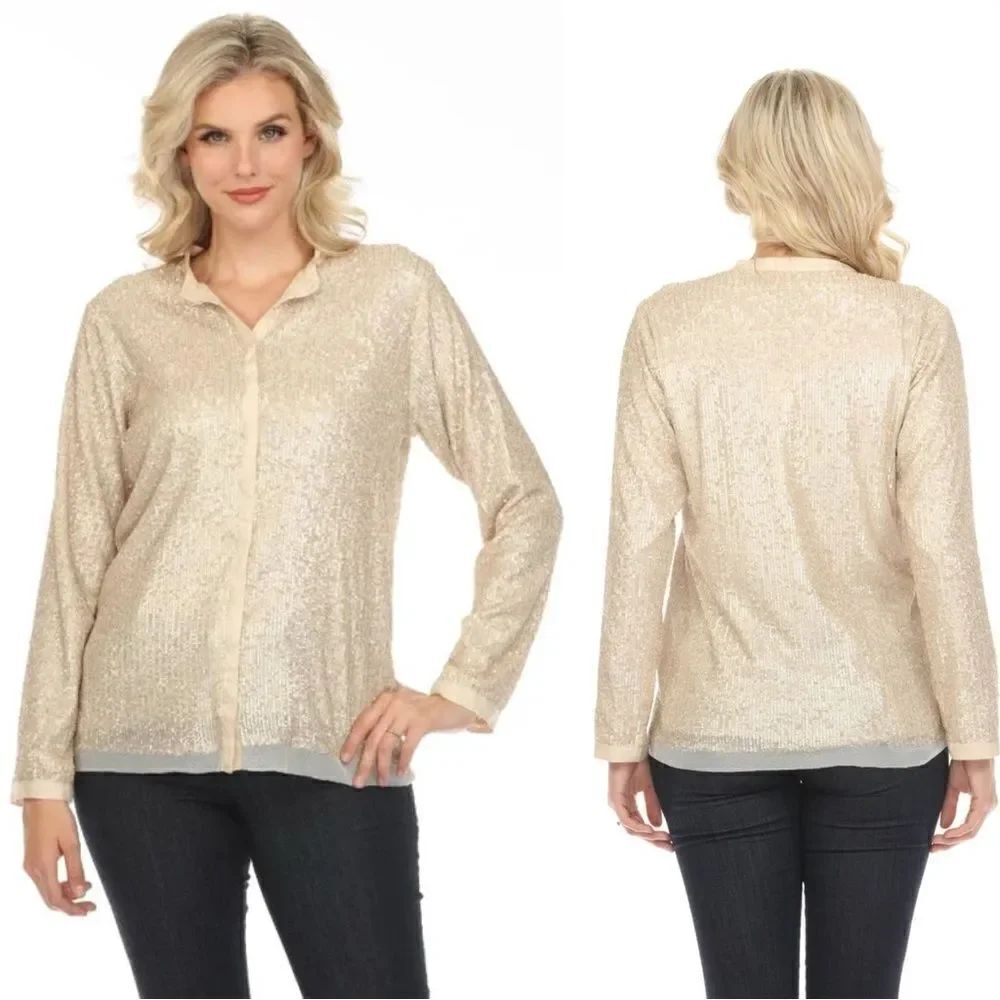 Johnny Was Grace Cream Shirt Blouse Sequin Button Down Long Sleeve Size S